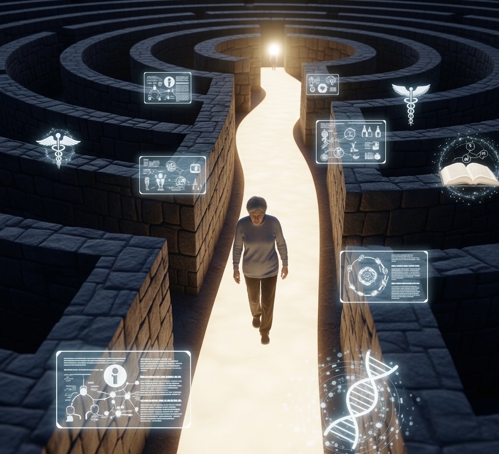 A person walking a lit path through a dark maze, surrounded by floating medical information — representing the journey through cancer treatment options.